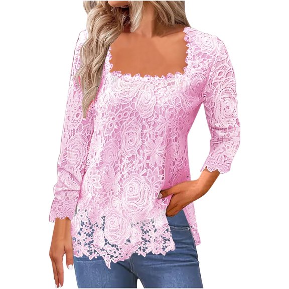 tklpehg Dressy Tops for Women Lace Slim Blouse Square Neck Solid Color Womens Long Sleeve Tops Casual Elegant Tunic Tops Women's Fall Tops (Pink_A,S)