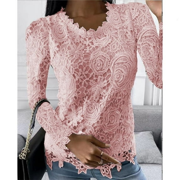 tklpehg Dressy Tops for Women Lace Slim Fit Blouse Round Neck Solid Color Womens Long Sleeve Tops Casual Elegant Tunic Tops Women's Fall Tops Pink L