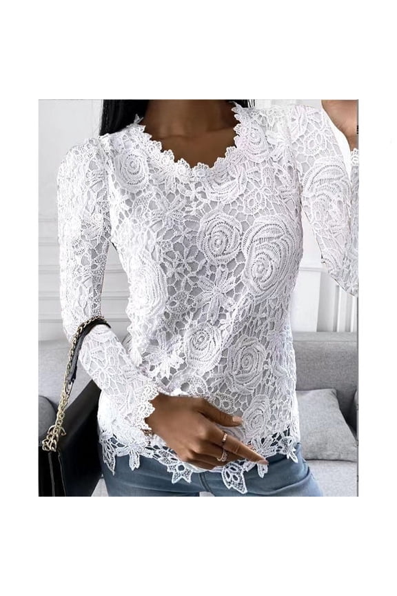 Dressy Tops for Women Lace Slim Fit Blouse Round Neck Solid Color Womens Long Sleeve Tops Casual Elegant Tunic Tops Women's Fall Tops White L