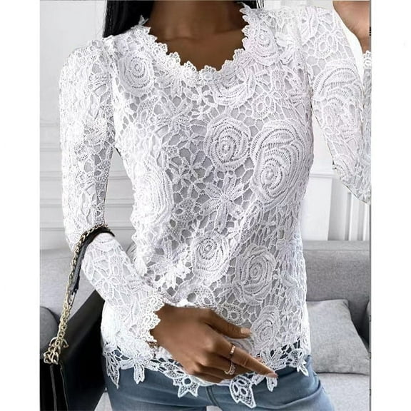tklpehg Dressy Tops for Women Lace Slim Fit Blouse Round Neck Solid Color Womens Long Sleeve Tops Casual Elegant Tunic Tops Women's Fall Tops White S