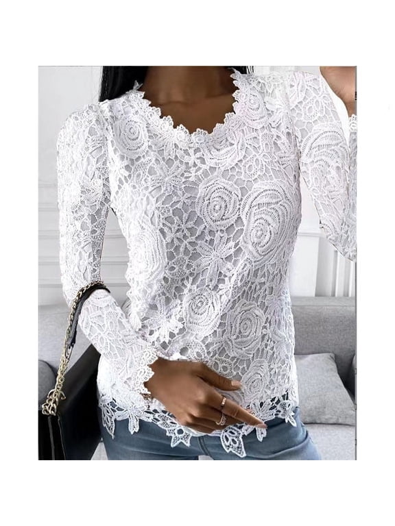 Dressy Tops for Women Lace Slim Fit Blouse Round Neck Solid Color Womens Long Sleeve Tops Casual Elegant Tunic Tops Women's Fall Tops White S