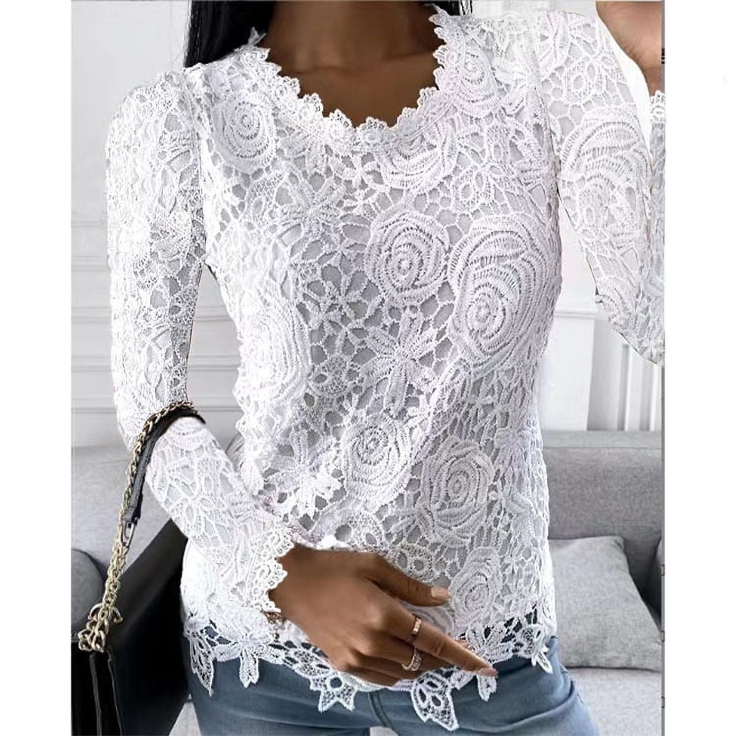 tklpehg Dressy Tops for Women Lace Slim Fit Blouse Round Neck Solid Color Womens Long Sleeve Tops Casual Elegant Tunic Tops Women s Fall Tops White S