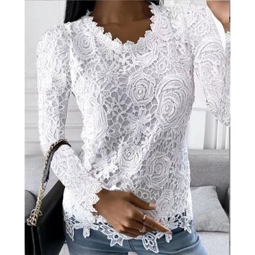tklpehg Dressy Tops for Women Lace Slim Fit Blouse Round Neck Solid Color Womens Long Sleeve Tops Casual Elegant Tunic Tops Women's Fall Tops White S