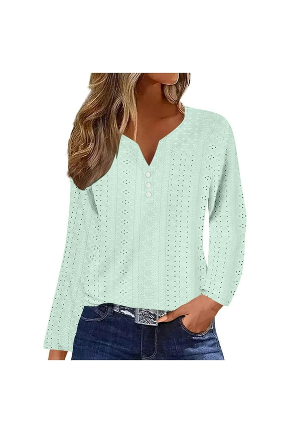 Eyelet Shirts for Women Long Sleeve Lightweight Tunic Tops V-Neck Classic Solid Color Going Out Tops Casual Loose Blouses (Mint Green,XXL)