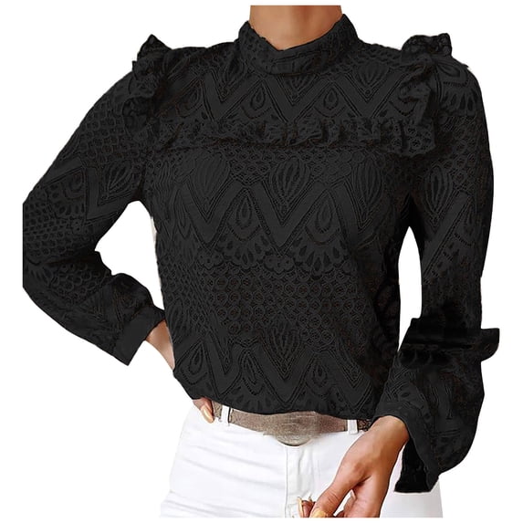 tklpehg Fall Clothes for Women 2022 Sweatshirt Loose Fit Blouse Solid Color Casual Womens Long Sleeve Tops Round Neck Lace Pleated Stitching Tops for Women Black XXL