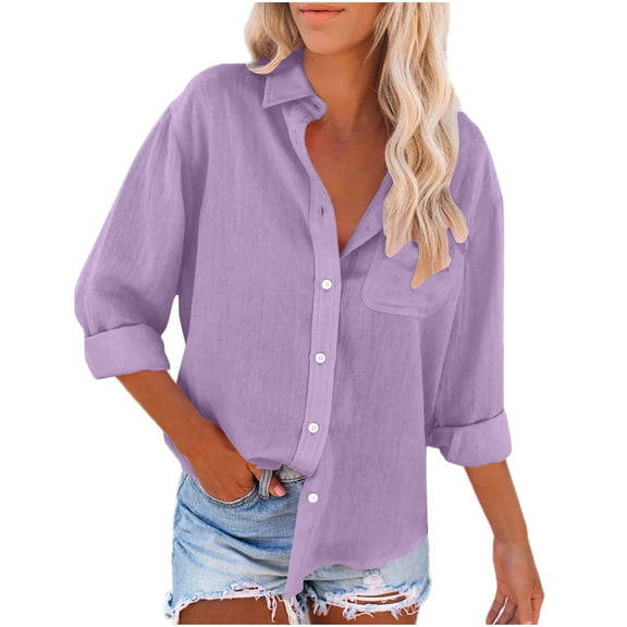 tklpehg Fall Clothes for Women 2025 Lapel Button Shirts Going Out Tops Womens Clothes Leisure Long Sleeve Tops Fall Clothes Solid Color Comfortable Blouses Pullover Purple M