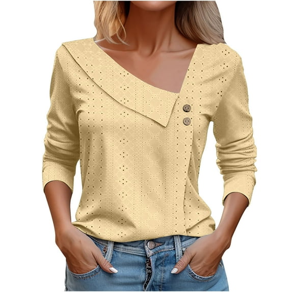 tklpehg Fall Clothes for Women 2025 V-Neck Button Tops Leisure Comfortable Womens Clothes Going Out Tops Long Sleeve Tops Solid Color Fall Clothes Blouses Pullover Yellow XL
