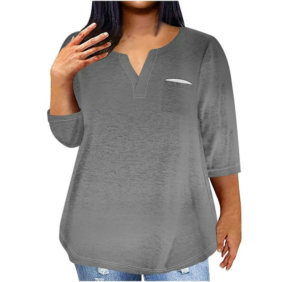 tklpehg Fall Clothes for Women 2025 V-Neck Mid-length Tops 3/4 Sleeve Tops Comfortable Fall Clothes Solid Color Going Out Tops Womens Clothes Leisure Blouses Pullover Gray XXXL