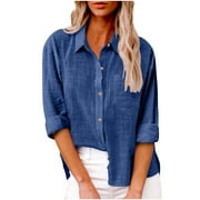 tklpehg Fall Fashion Cotton Linen Button Down Shirts for Women Classic Solid Color Lapel Long Sleeve Tops Casual Loose Comfy Blouse Tunic Tops C=Dark Blue L