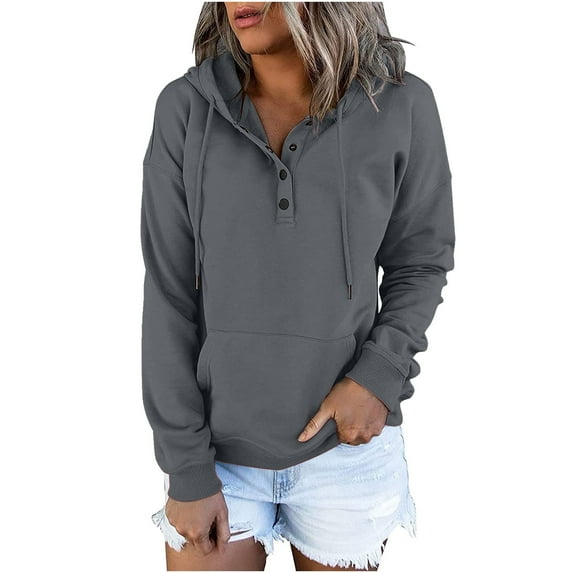 tklpehg Fall Fashion Womens Sweatshirts Comfortable Solid Color Casual Long Sleeve Tops Button Drawstring with Pocket Hooded Neck Fleece Sweatshirt Pullover Gray M