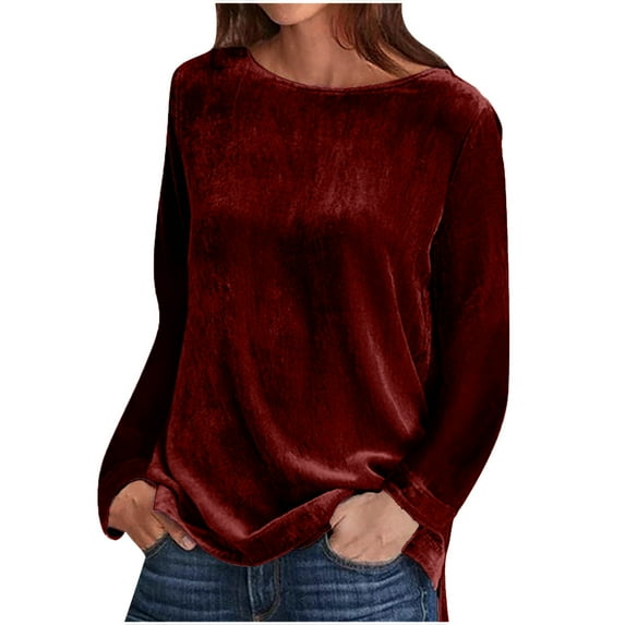 tklpehg Fall Long Sleeve Shirts for Women Crew Neck Velvet Tops Going Out Tops Womens Clothes Fall Clothes Solid Color Comfortable Leisure Pullover Wine L