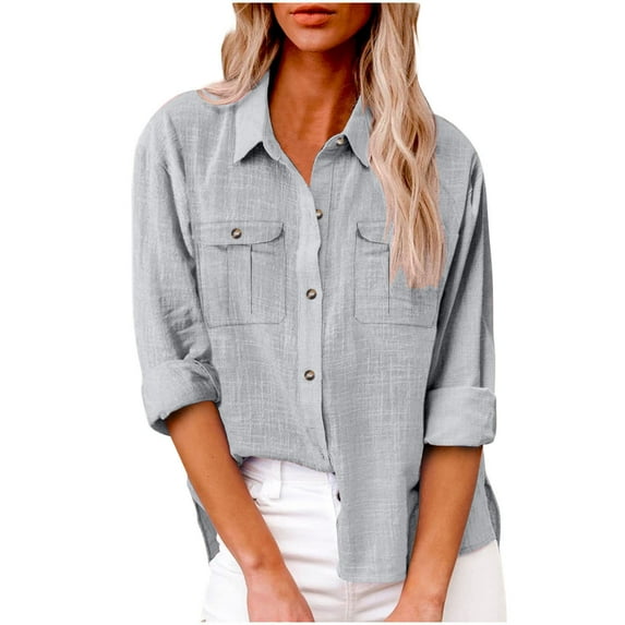 tklpehg Fall Long Sleeve Shirts for Women Lapel Button Shirts Fall Clothes Comfortable Going Out Tops Womens Clothes Leisure Solid Color Pullover Gray L