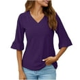 thumbnail image 1 of tklpehg Fall Long Sleeve Shirts for Women V-Neck Flared Mid-length Tops Going Out Tops Solid Color Womens Clothes Fall Clothes Leisure Comfortable Blouses Pullover Purple S, 1 of 5