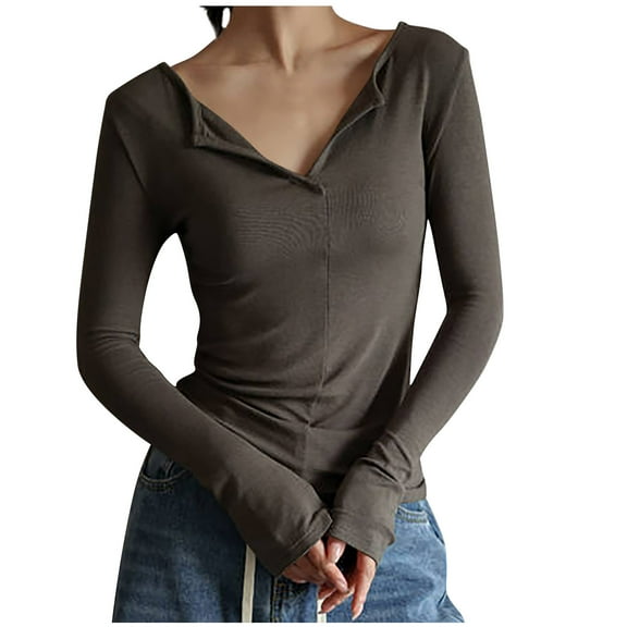 tklpehg Fall Long Sleeve Shirts for Women V-Neck Slim Tops Comfortable Going Out Tops Womens Clothes Fall Clothes Solid Color Leisure Blouses Pullover Gray L