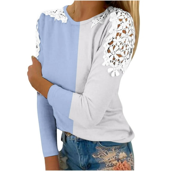 tklpehg Fall Long Sleeve Shirts for Women Lightweight Crew Neck Lace Hollow Out Sleeve Tunic Tops Color Block Casual Ladies Tops(V01_ Light Blue,XL)