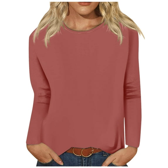 tklpehg Fall Shirts for Women 2025 Crew Neck Tops Long Sleeve Tops Leisure Going Out Tops Womens Clothes Comfortable Fall Clothes Solid Color Pullover Pink S