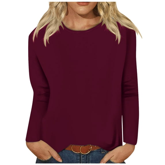tklpehg Fall Shirts for Women 2025 Crew Neck Tops Long Sleeve Tops Leisure Going Out Tops Womens Clothes Comfortable Fall Clothes Solid Color Pullover Wine XL