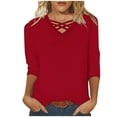 thumbnail image 1 of tklpehg Fall Shirts for Women 2025 V-Neck Mid-length Tops Leisure 3/4 Sleeve Tops Going Out Tops Fall Clothes Comfortable Solid Color Womens Clothes Blouses Pullover Red XXL, 1 of 5