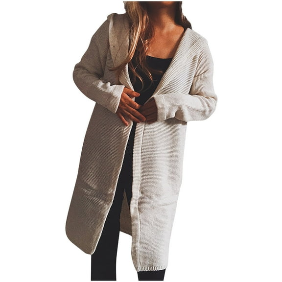 tklpehg Fall Sweaters for Women 2025 Open Front Hooded Sweater cardigan with Pocket Loose Leisure Overcoat Solid Color Long Sleeve Fall Coat Outwear Beige XXL