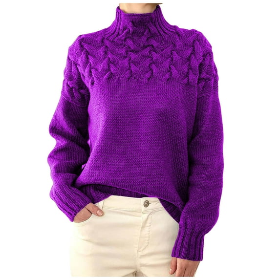 tklpehg Fall Sweaters for Women 2025 Turtleneck Sweater Going Out Tops Womens Clothes Solid Color Long Sleeve Tops Fall Clothes Comfortable Leisure Blouses Pullover Purple XL