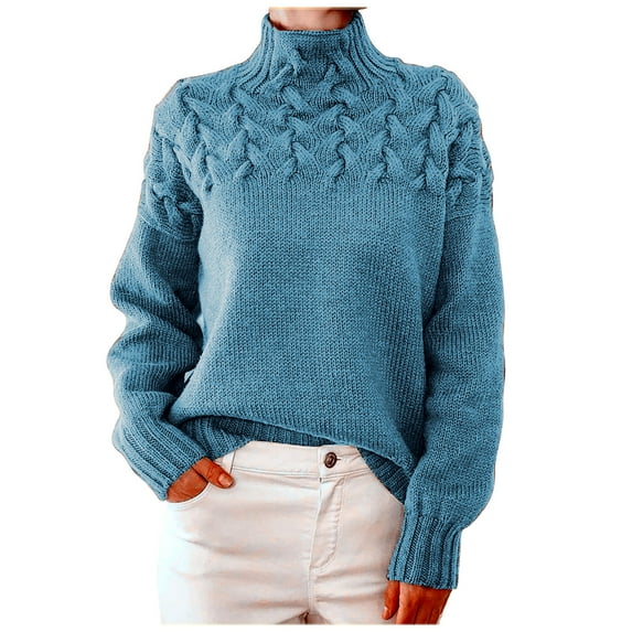 tklpehg Fall Sweaters for Women 2025 Turtleneck Sweater Going Out Tops Womens Clothes Solid Color Long Sleeve Tops Fall Clothes Comfortable Leisure Blouses Pullover Sky Blue XXL