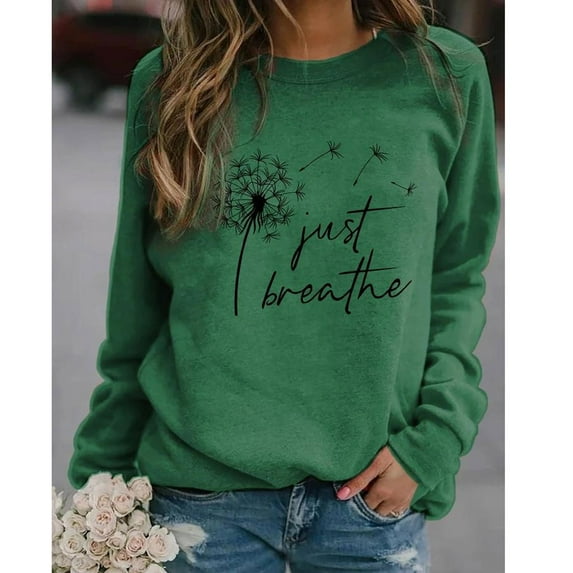 tklpehg Fall Sweatshirts for Women Floral Letter Print Long Sleeve Blouse Round Neck Loose Graphic Tee Womens Tops Sweatshirts Fall Clothes Comfy Green XXXL