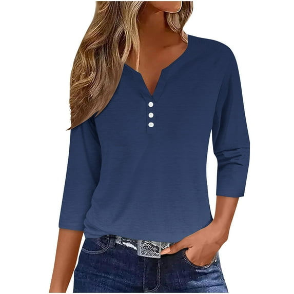 tklpehg Fall Tops for Women 2025 V-Neck Button Tops Solid Color Comfortable Leisure Womens Clothes Going Out Tops Fall Clothes 3/4 Sleeve Tops Pullover Blue S