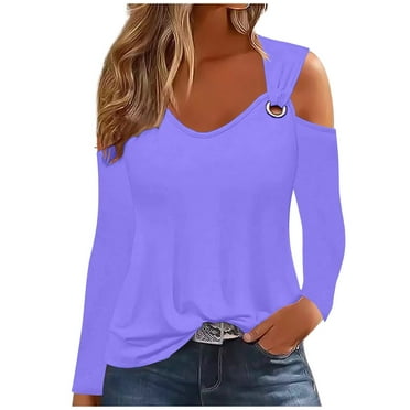 tklpehg Fall Tops for Women 2024 V-Neck Cold Shoulder Tops Long Sleeve Tops Going Out Tops Womens Clothes Solid Color Fall Clothes Leisure Comfortable Blouses Pullover Purple XL