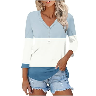 tklpehg Fall Tops for Women 2024 V-Neck Mid-length Tops 3/4 Sleeve Tops Color Block Comfortable Going Out Tops Fall Clothes Leisure Womens Clothes Blouses Pullover Gray L