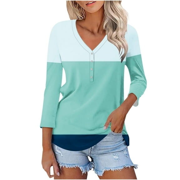 tklpehg Fall Tops for Women 2025 V-Neck Mid-length Tops 3/4 Sleeve Tops Color Block Comfortable Going Out Tops Fall Clothes Leisure Womens Clothes Blouses Pullover Mint Green S