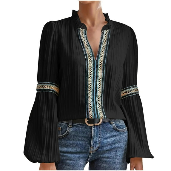 tklpehg Fall Tops for Women 2025 V-Neck Vintage Tops Fall Clothes Fashion Printed Comfortable Womens Clothes Leisure Long Sleeve Tops Going Out Tops Pullover Black M