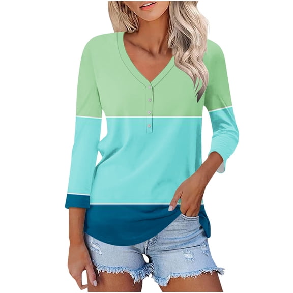tklpehg Fall Tops for Women 2025 V-Neck Mid-length Tops 3/4 Sleeve Tops Color Block Comfortable Going Out Tops Fall Clothes Leisure Womens Clothes Blouses Pullover Green XXL