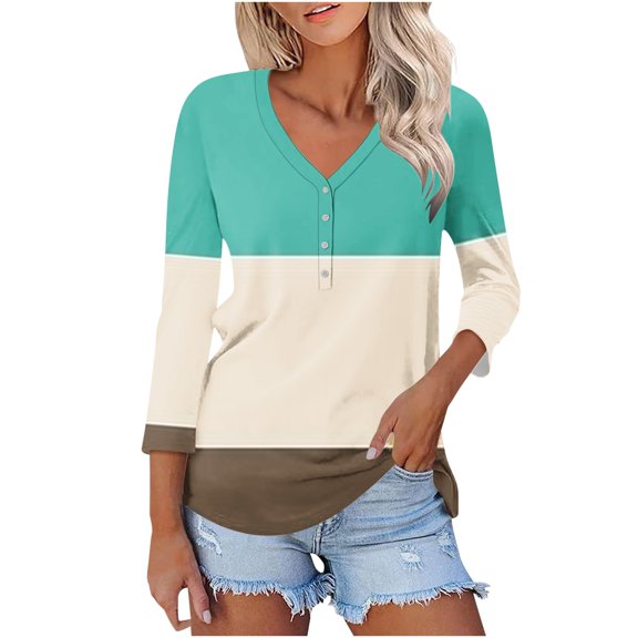 tklpehg Fall Tops for Women 2025 V-Neck Mid-length Tops 3/4 Sleeve Tops Color Block Comfortable Going Out Tops Fall Clothes Leisure Womens Clothes Blouses Pullover Khaki XL