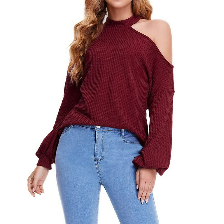 tklpehg Fall Tops for Women Cold Shoulder Long Sleeve Tops Autumn