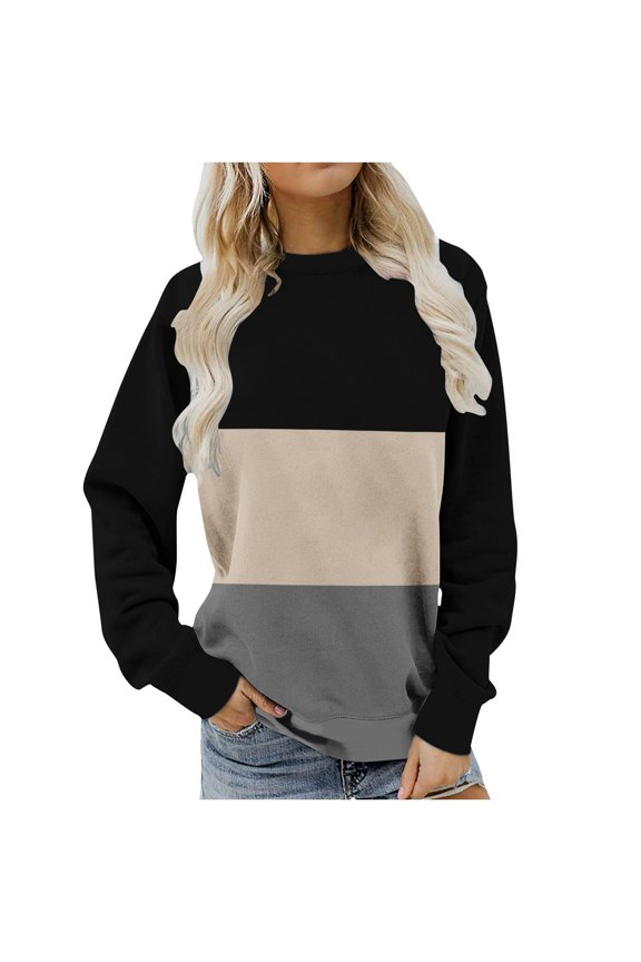 Fall Winter Sweatshirt for Womens Crewneck Long Sleeve Tunic Tops To Wear with Leggings Color Block Graphic Tee Shirts Leisure Long Comfy Loose Blouse Pullover Tops Black L