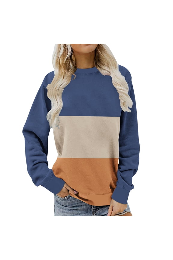 Fall Winter Sweatshirt for Womens Crewneck Long Sleeve Tunic Tops To Wear with Leggings Color Block Graphic Tee Shirts Leisure Long Comfy Loose Blouse Pullover Tops Navy S