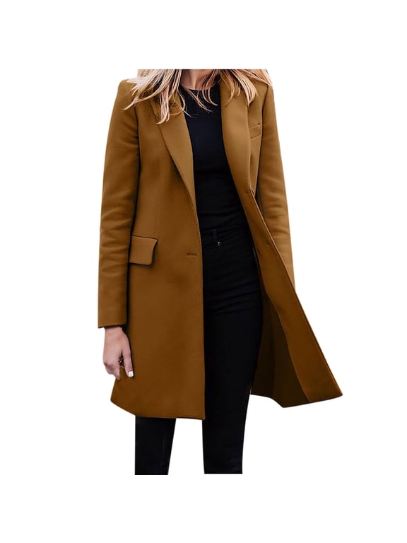 Fall Winter Trench Coats for Women Long Sleeve Coats Ladies Lapels Coats Business Attire Solid Color Long Sleeve Single Breasted Slimming Cardigan Suit Coat Top Coffee XXXL