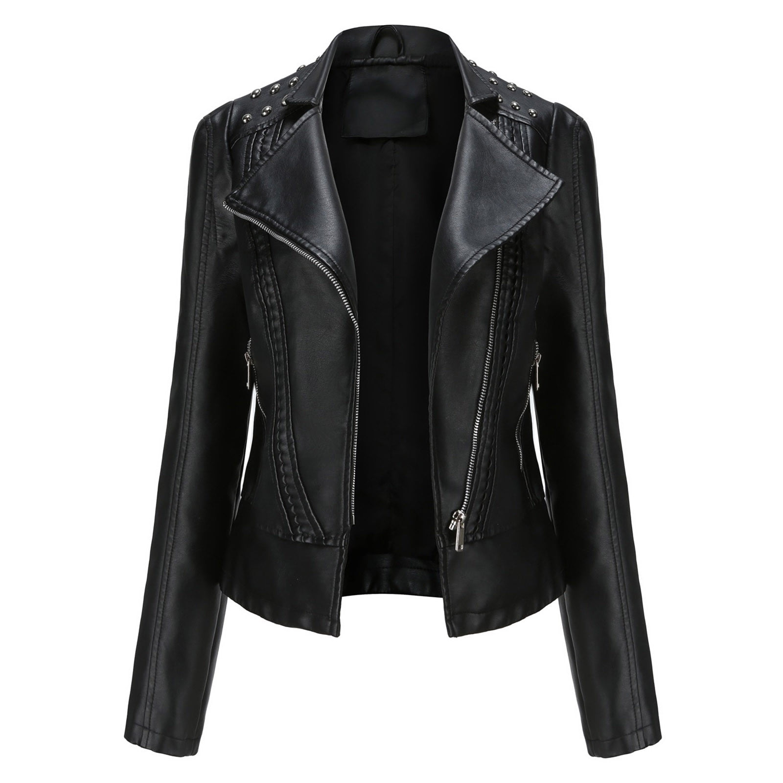 tklpehg Fall Womens Leather Jacket Long Sleeve Coats Ladies Stand