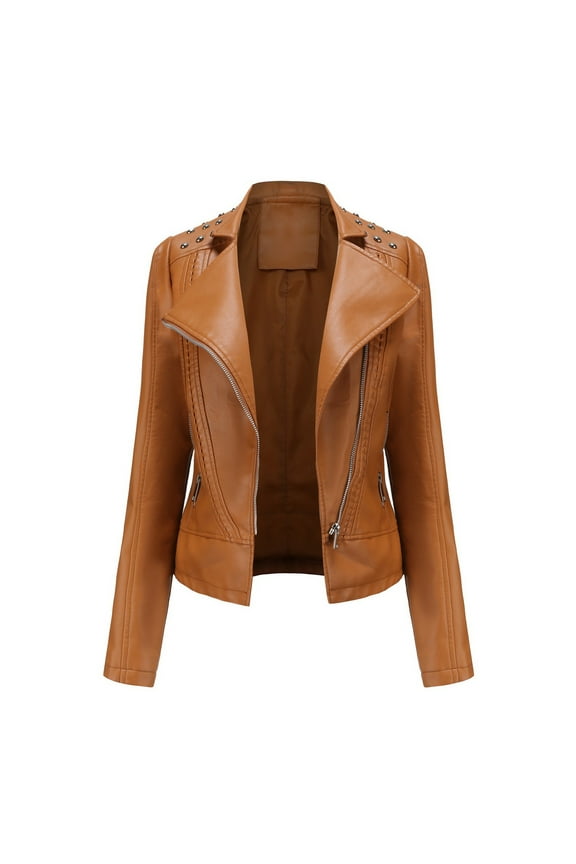Fall Womens Leather Jacket Long Sleeve Coats Ladies Stand Collar Jackets Slim Leather Stand Collar Zip Motorcycle Suit Belt Coat Jacket Tops Gold XXL