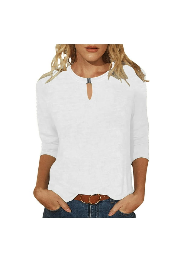 Fall Womens Tops Crew Neck Mid-length Tops Going Out Tops Fall Clothes Comfortable Leisure Womens Clothes 3/4 Sleeve Tops Solid Color Blouses Pullover White S