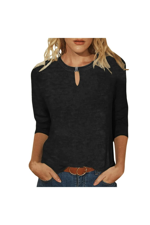 Fall Womens Tops Crew Neck Mid-length Tops Going Out Tops Fall Clothes Comfortable Leisure Womens Clothes 3/4 Sleeve Tops Solid Color Blouses Pullover Black XXL