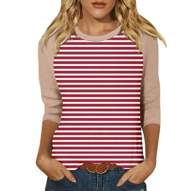 tklpehg Fall Womens Tops Crew Neck Mid-length Tops Leisure 3/4 Sleeve Tops Striped Printed Fall Clothes Comfortable Going Out Tops Womens Clothes Blouses Pullover Multicolor L