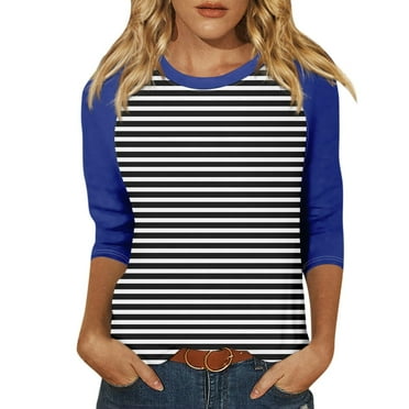tklpehg Fall Womens Tops Crew Neck Mid-length Tops Leisure 3/4 Sleeve Tops Striped Printed Fall Clothes Comfortable Going Out Tops Womens Clothes Blouses Pullover Dark Blue M
