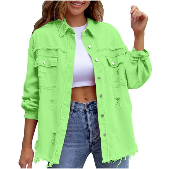 tklpehg Fashion Coats for Women Hole Denim Jacket Casual Loose Solid Color Lapel Long Sleeve Lightweight Outerwear (Mint Green,L)