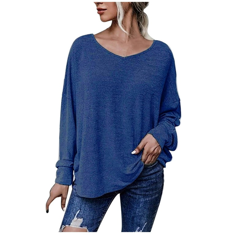 tklpehg Going Out Tops for Women Long Sleeve V-Neck Loose Fit Blouse Spring  Tops Long Sleeve Tops Leisure Lightweight Solid Color Pullover Tops Navy S