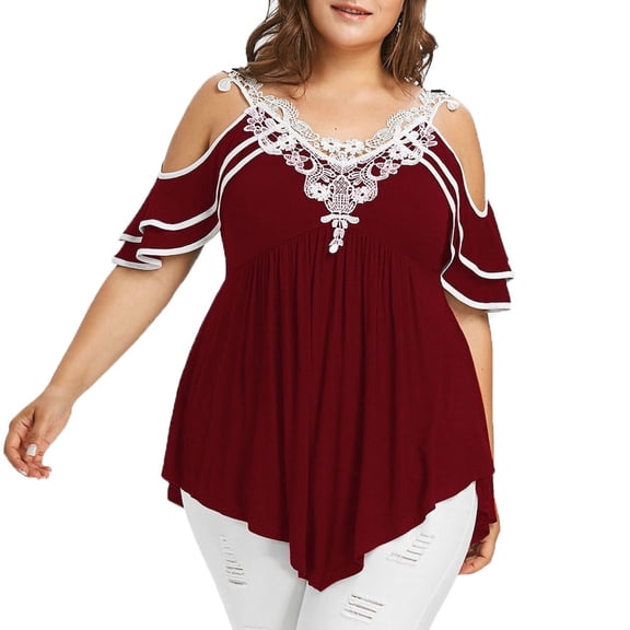 tklpehg Going Out Tops for Women Ladies Tops Leisure V-Neck Cold Shoulder Tiered Lace Appliques Solid T Shirts Summer Comfortable Loose Blouse Short Sleeve Shirts Red XXXL