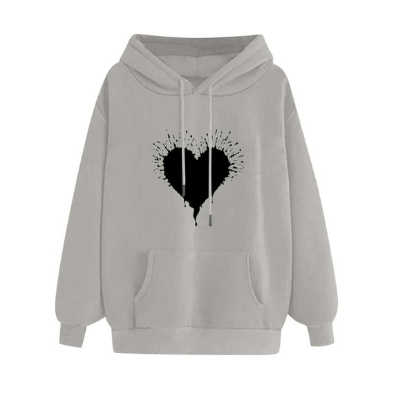 tklpehg Hoodies For Women Heart Graphic Print Fleece Sweatshirt Y2k Tops Fall Long Sleeve Hooded Drawstring Sweatshirt Pullover with Pocket Trendy Hoodies #D-Gray M
