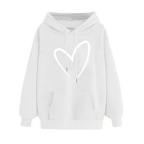 tklpehg Hoodies For Women Heart Graphic Print Fleece Sweatshirts Y2k Tops Fall Long Sleeve Hooded Drawstring Sweatshirt Pullover with Pocket Trendy Hoodies #B-White XXXL