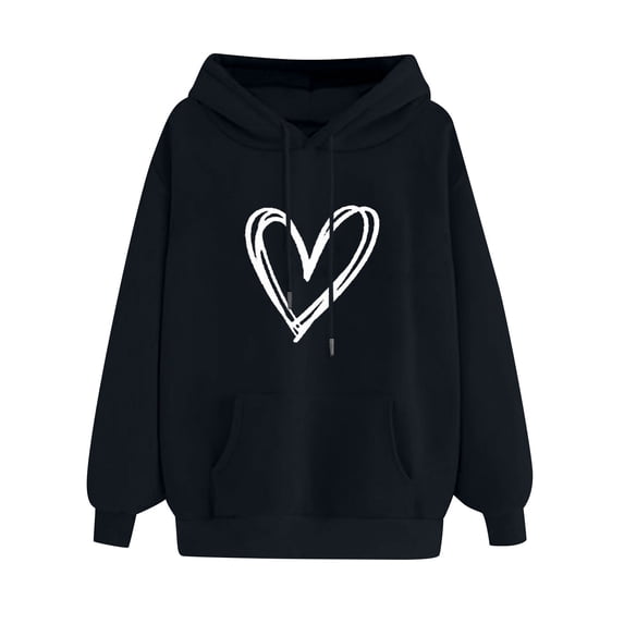 tklpehg Hoodies For Women Heart Graphic Print Sweatshirts Y2k Tops Fall Long Sleeve Hooded Drawstring Sweatshirt Pullover with Pocket Trendy Hoodies #A-Black XXL