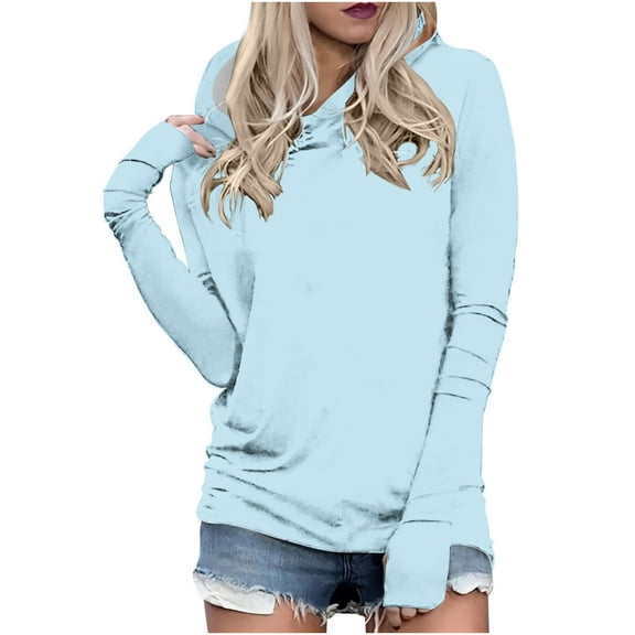 tklpehg Hoodies for Women Lightweight Casual Going Out Tops Long Sleeve Tops Vintage Sweatshirt Hooded Classic Solid Color Loose Pullover (Light Blue,S)